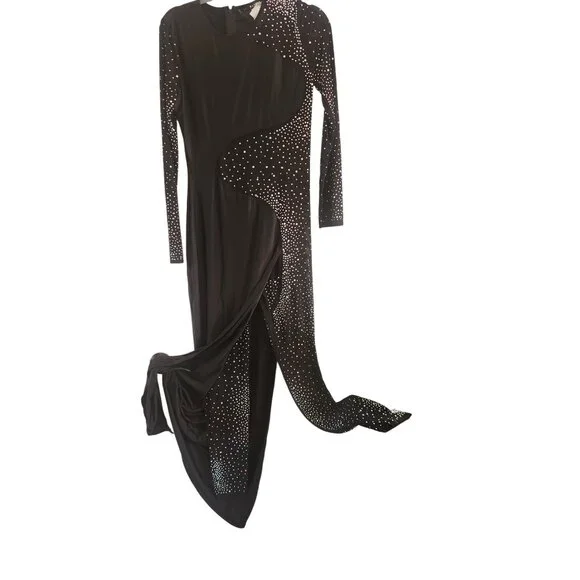Banjul Black Long-Sleeve Rhinestone Embellished Evening Gown With Draped Design - Picture 6 of 6